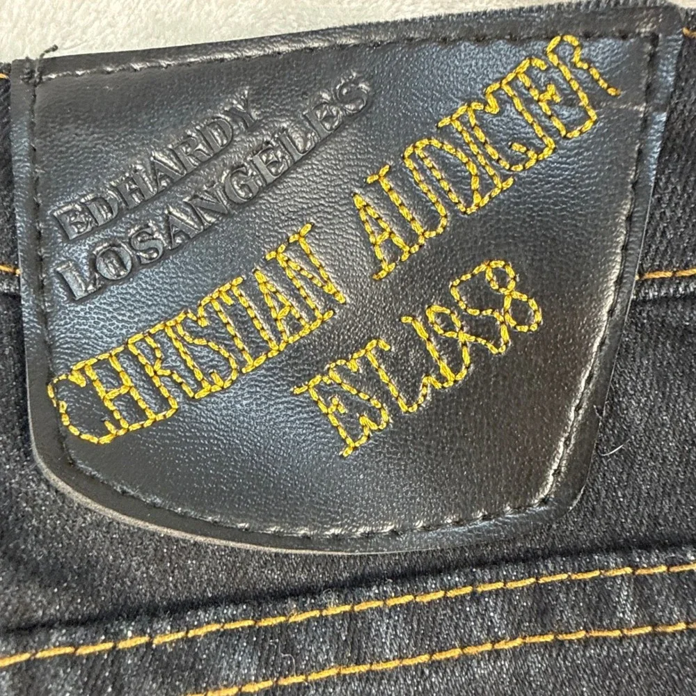 Christian Audigier Jeans Mens 31x34 Straight Dark Wash Embroidered Tattoo EUC